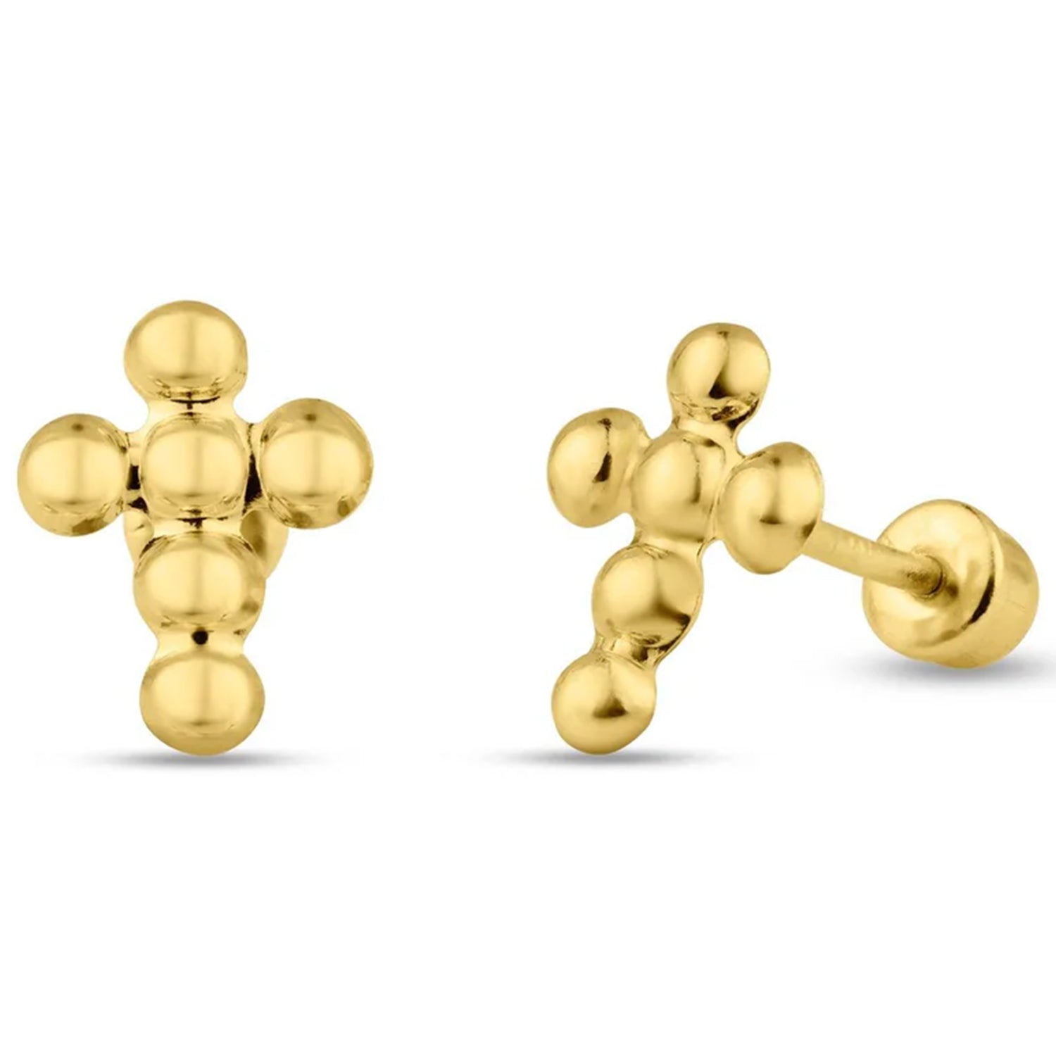 14K Gold Bead Cross Screw Back Stud Earrings