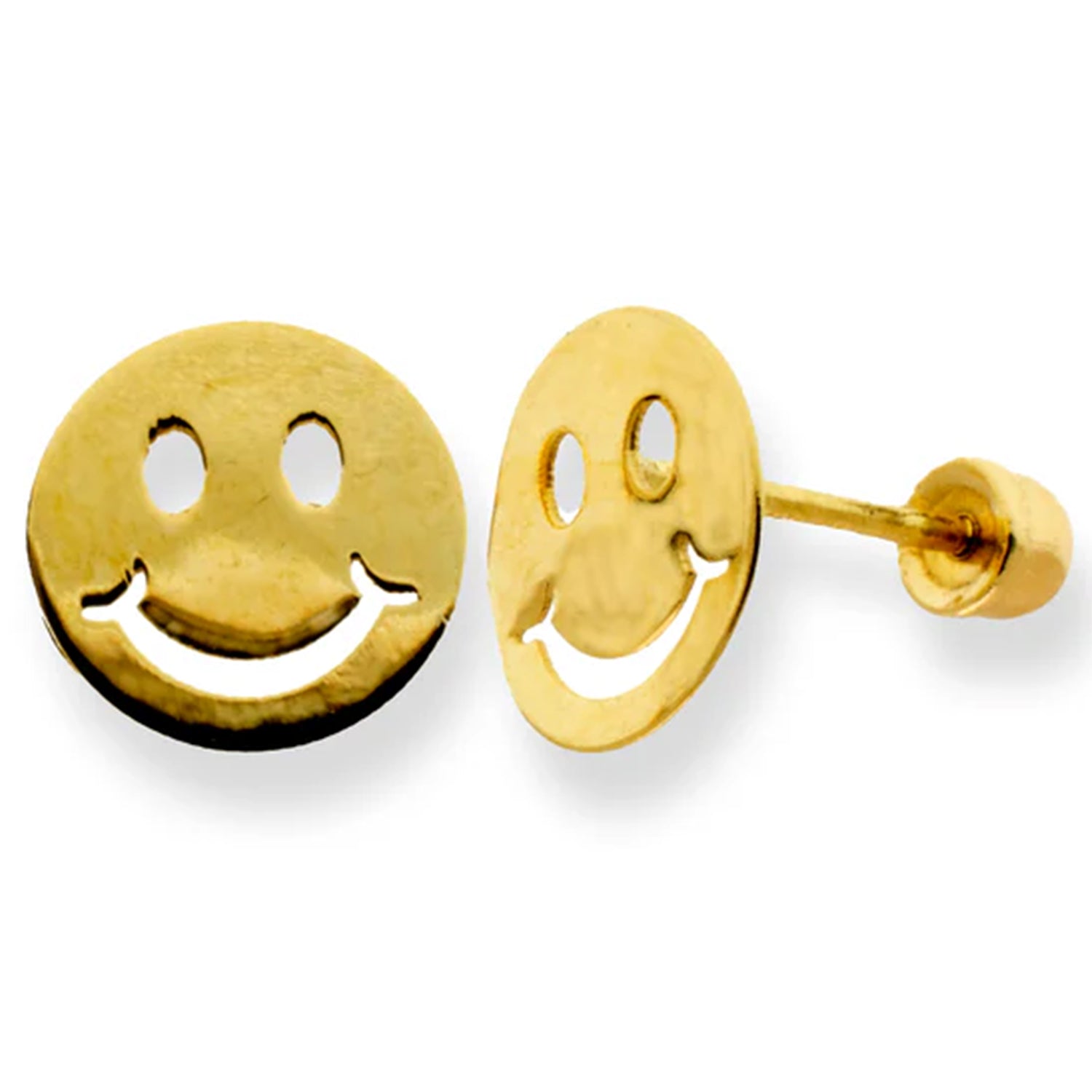 14K Gold Happy Face Screw Back Stud Earrings