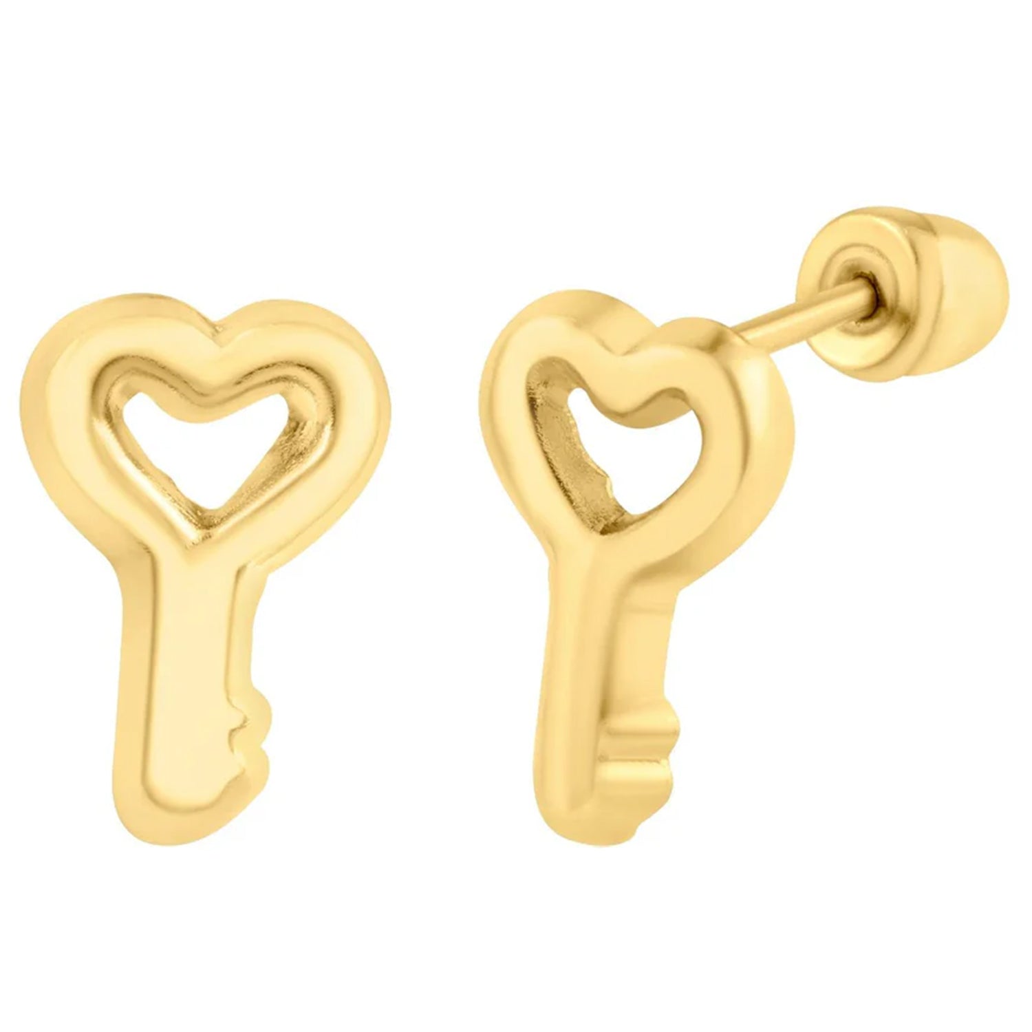 14K Gold Heart Key Screw Back Stud Earrings