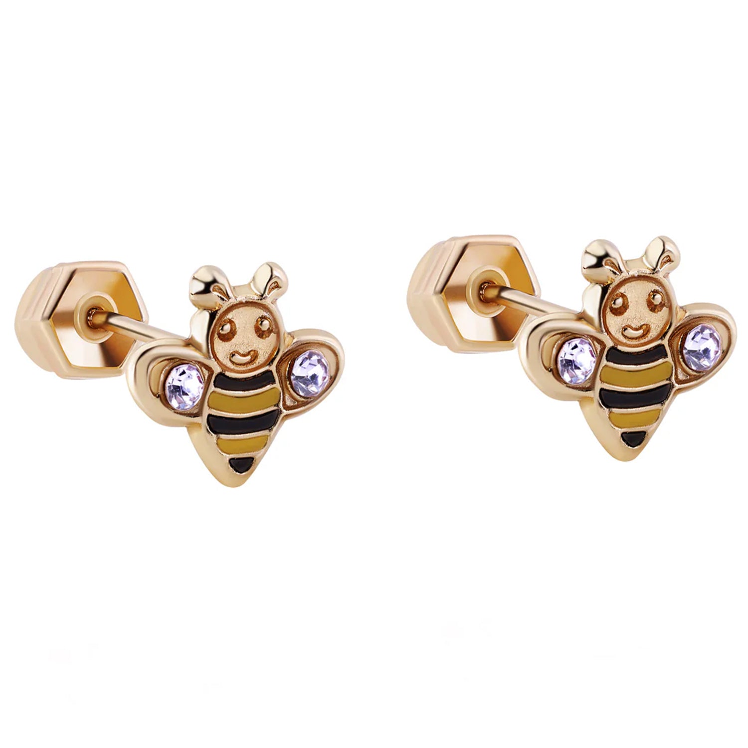 14K Gold CZ Bee Screw Back Stud Earrings