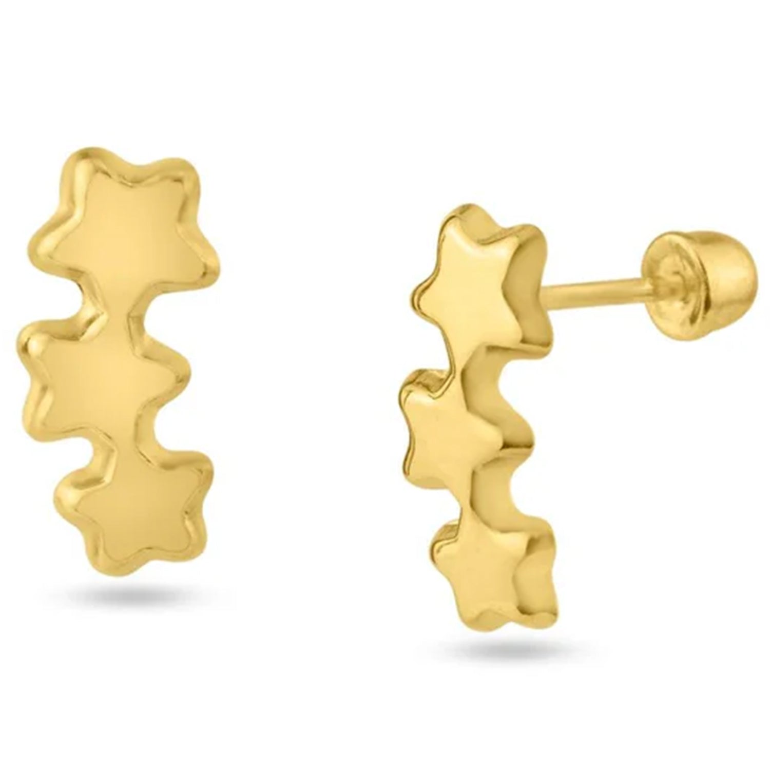 14K Gold 3 Star Screw Back Stud Earrings
