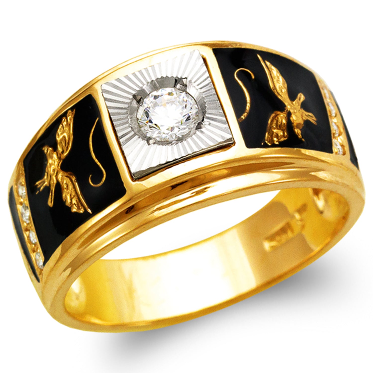 14K Gold CZ & Black Enamel Eagle Ring