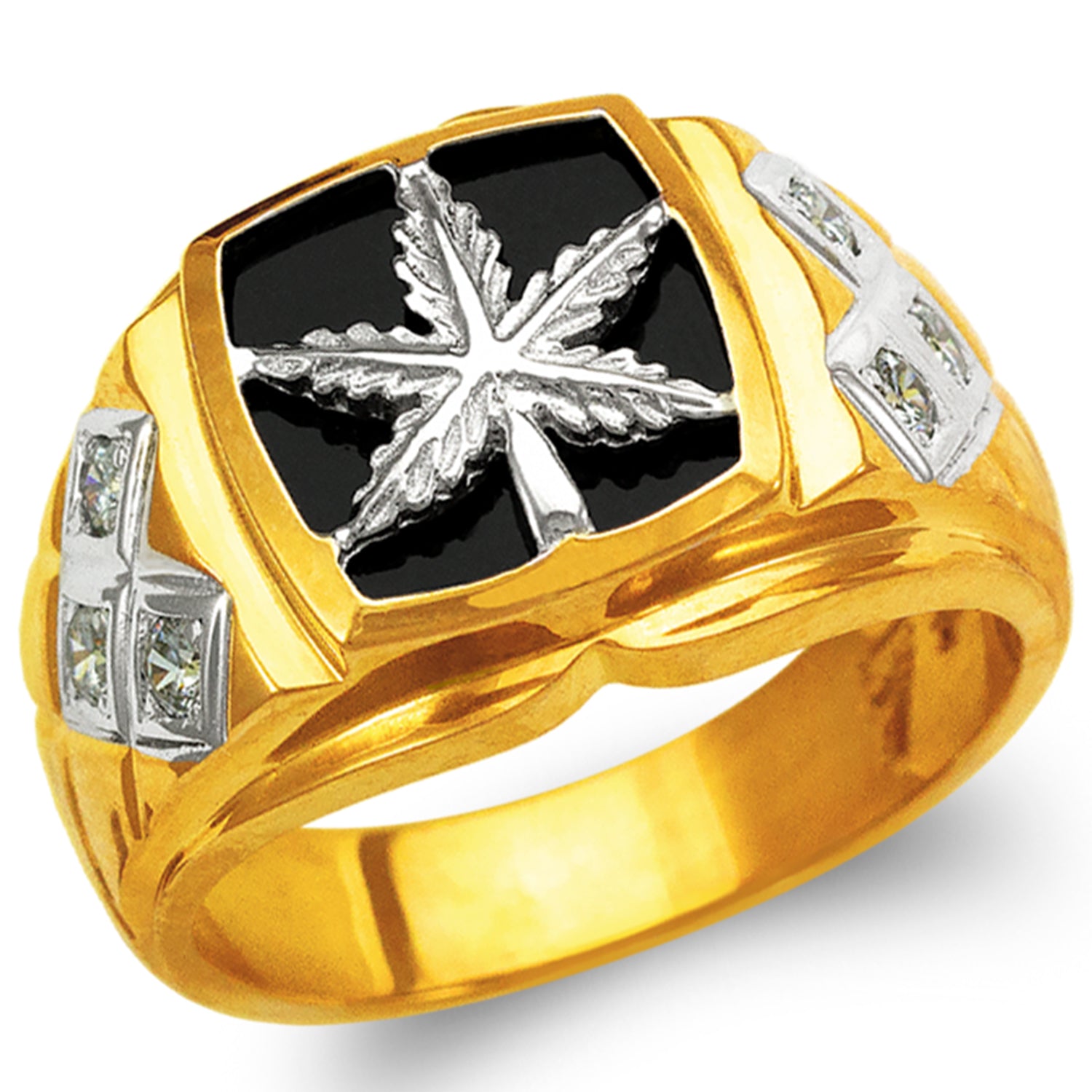 14K Gold CZ & Black Enamel Leaf Ring