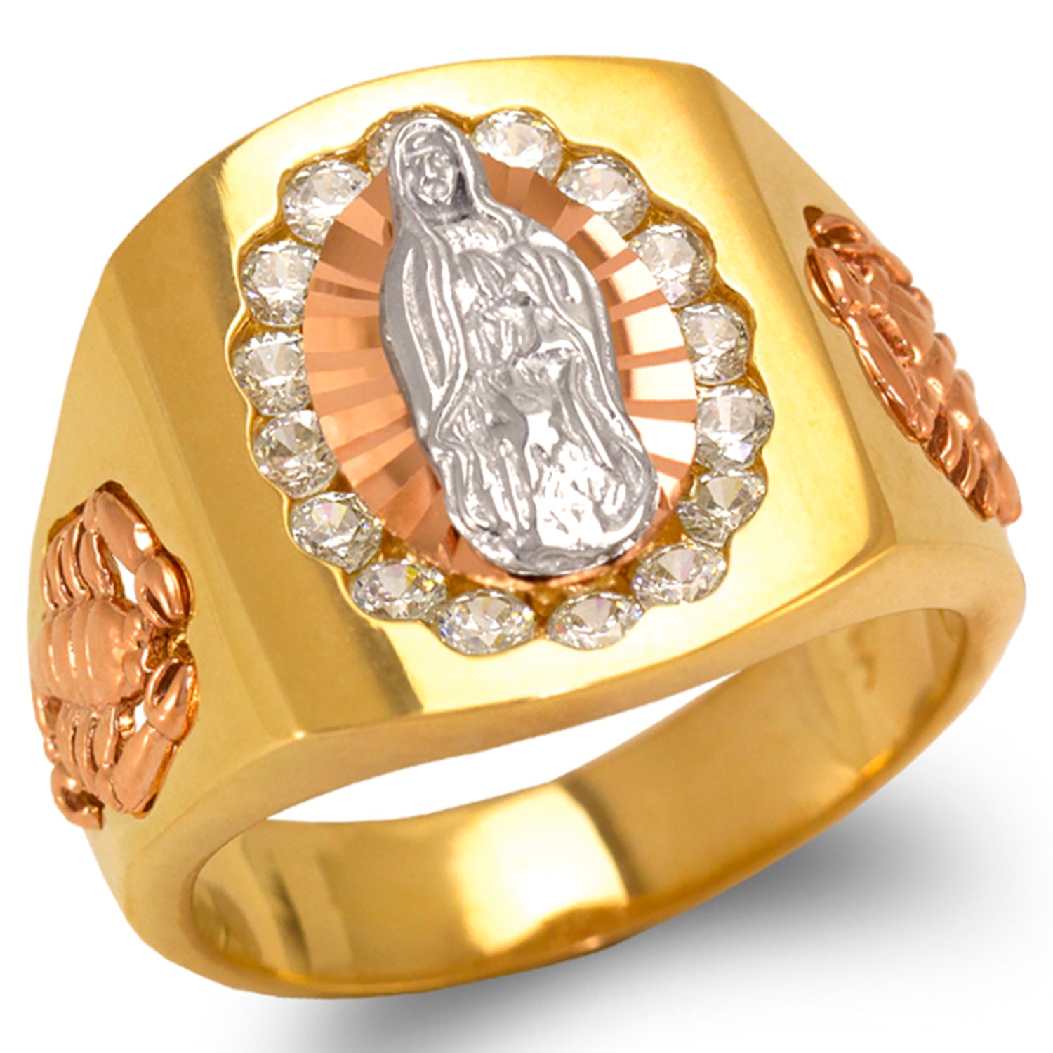 14K Gold CZ Guadalupe & Scorpion Ring