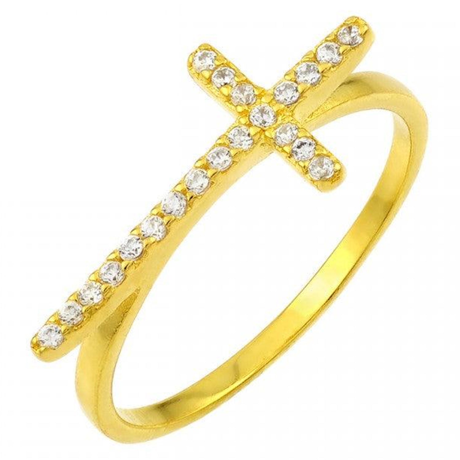 Sterling Silver Gold Plated CZ Cross Ring