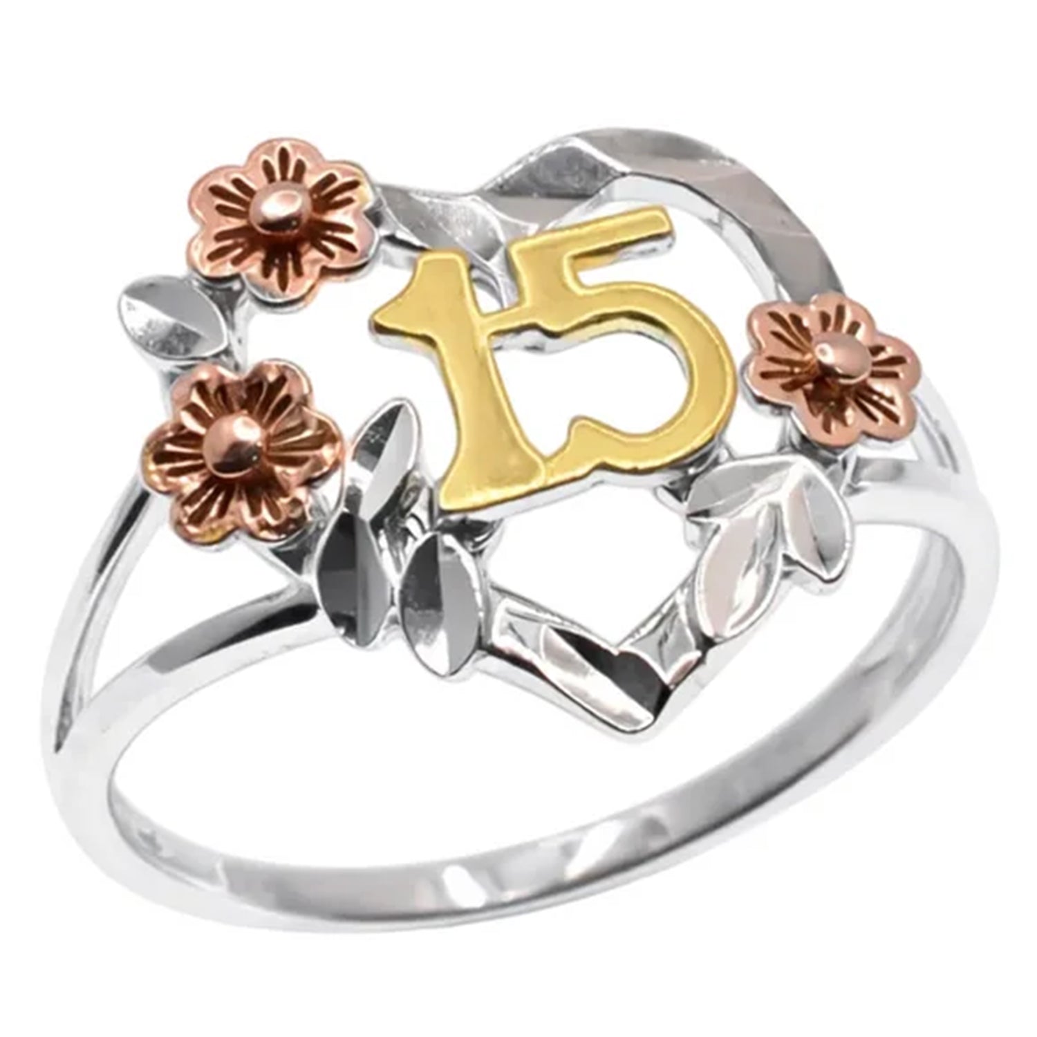 Sterling Silver Flower 15 Quincenera Ring
